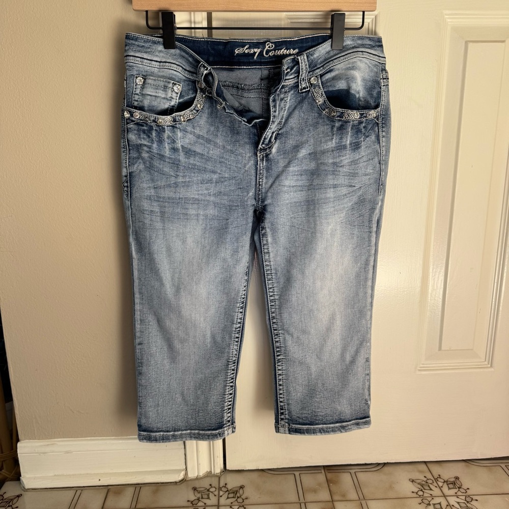 Y2K Sexy Couture Rhinestone Bling Capri Jeans // Size 11